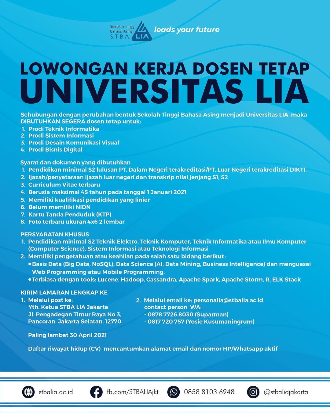 Lowongan Kerja Dosen Tetap Universitas Lia