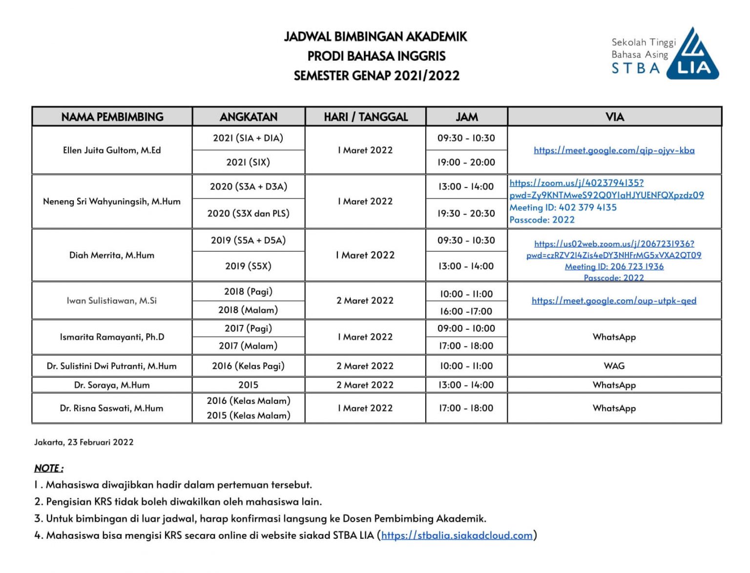 Jadwal Bimbingan Akademik Semester Genap 2021/2022 Bahasa Inggris