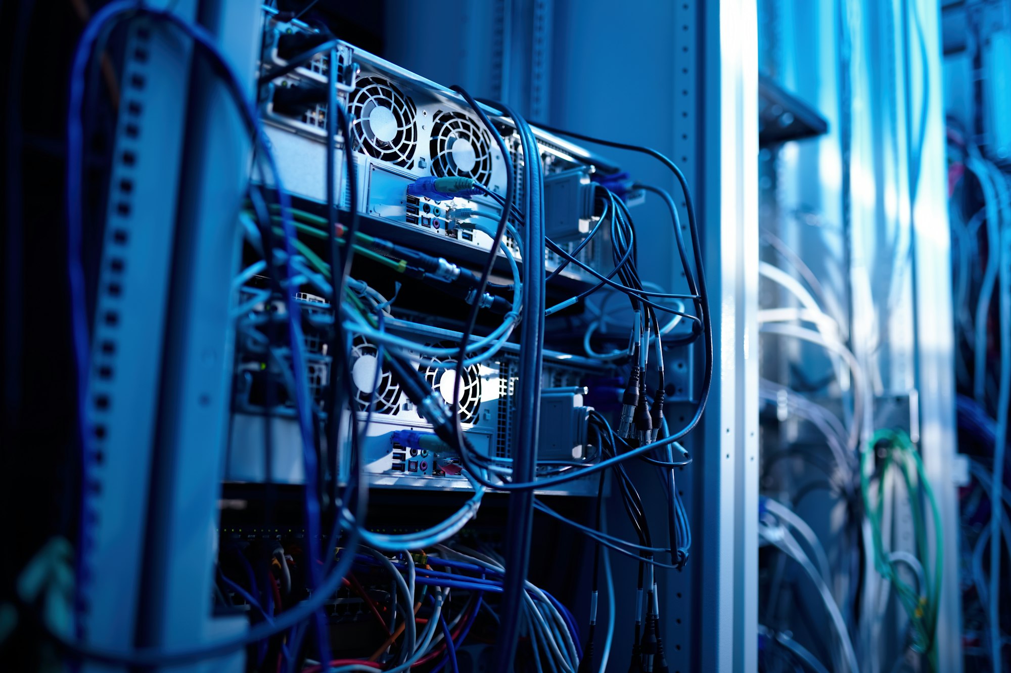 Computer internet equipment and wires in server room